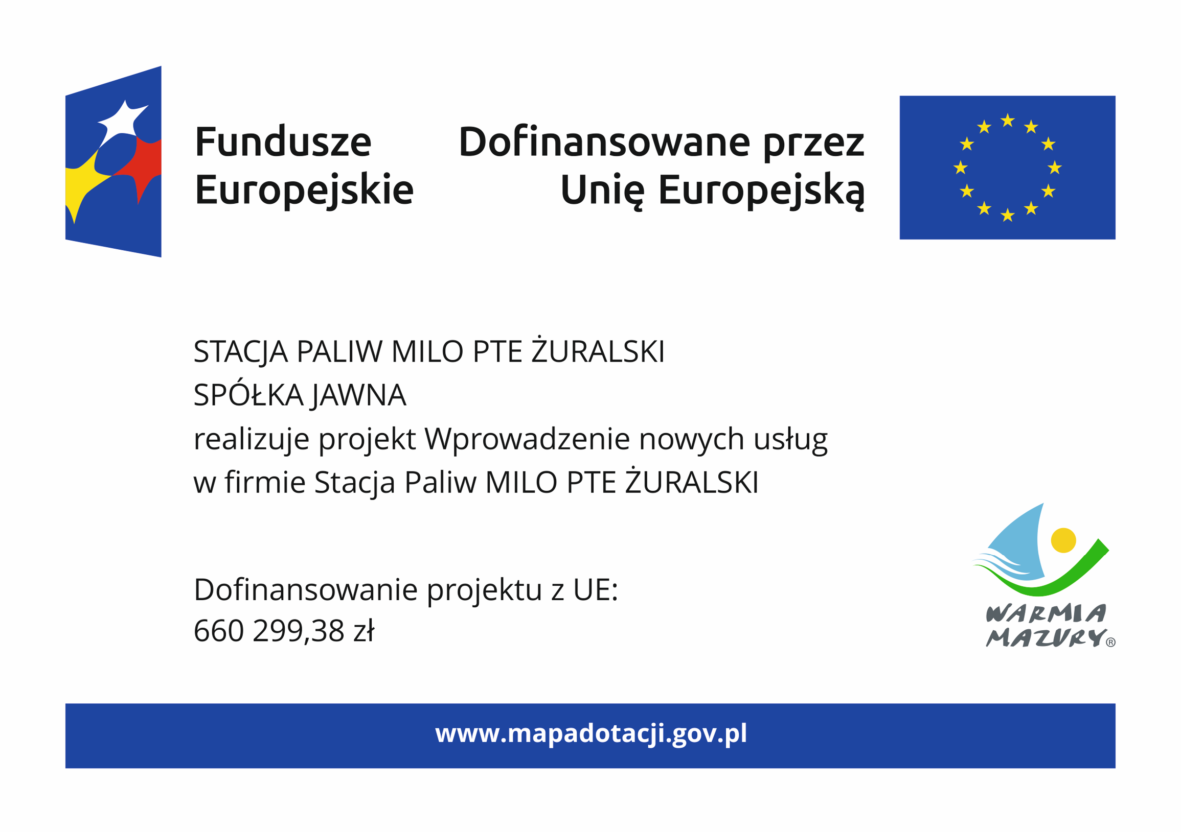 Plakat informacyjny projektu „Wprowadzenie nowych usług w firmie Stacja Paliw MILO PTE ŻURALSKI” dofinansowanego z Funduszy Europejskich dla Warmii i Mazur
